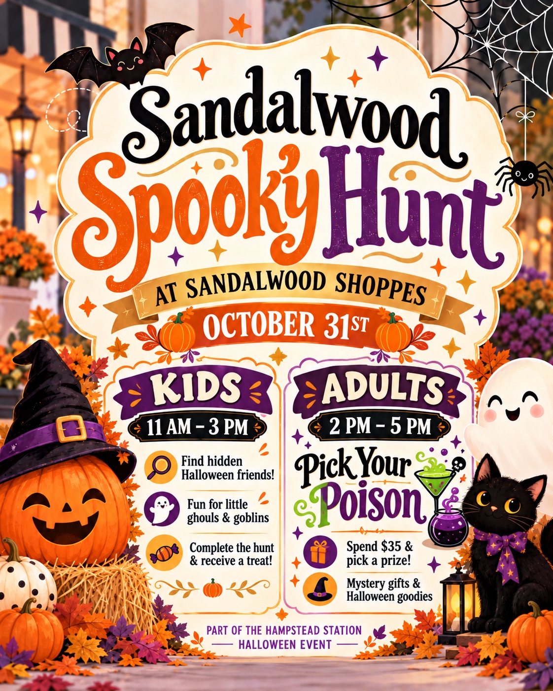 Sandalwood Spooky Hunt at Hampstead on October 31, 2026: kids 11 am–3 pm, adults 2–5 pm